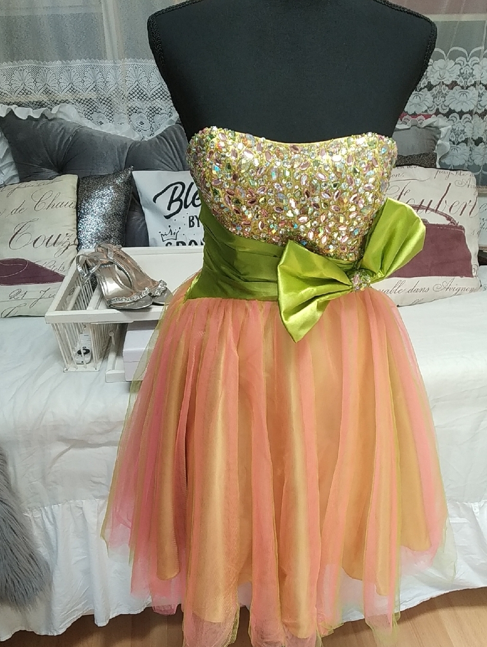 Strapless Beaded Bodice Tulle Party Dress in Pink and Green